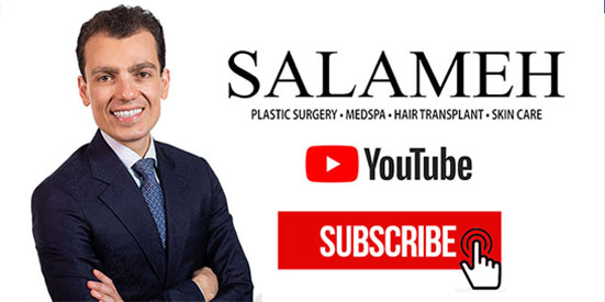 Salameh Plastic Surgery YouTube promotional graphic with Dr. Salameh smiling with arms crossed and a 'subscribe' button