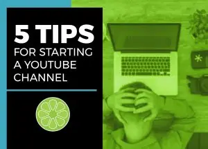 5 Tips for Starting a YouTube Channel Blog Post Graphic with frustrated person on a computer.