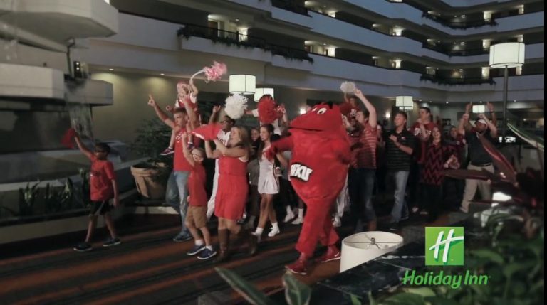 WKU video production shoot showing a crowd of fans and Big Red the WKU mascot