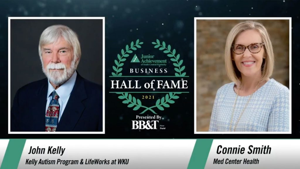 photo of John Kelly, Kelly Autism Center, and Connie Smith, Med Center Health with Junior Achievement Business Hall of Fame logo