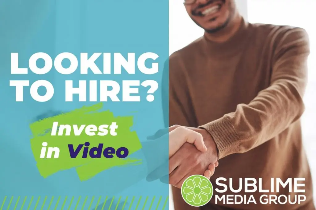 Photo of a man shaking hands without someone else. Text on the image says Looking to hire? Invest in video.