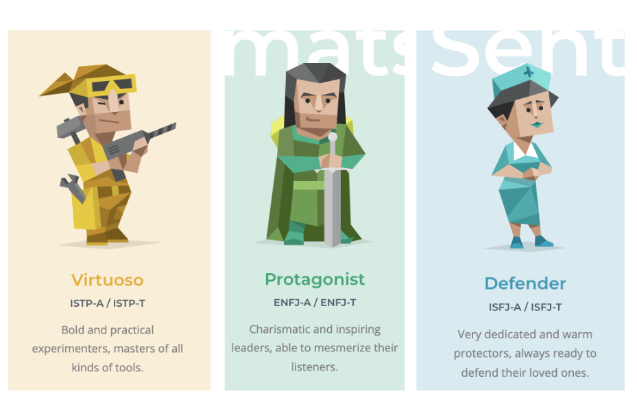 3 personality type characters are displayed: The Defender, the Protagonist, and the Virtuoso - the virtuoso is a mechanic, the defender is a nurse, and the protagonist is a knight