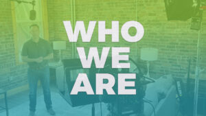 Video Production Shoot in a loft with green and blue gradient and 'who we are text'