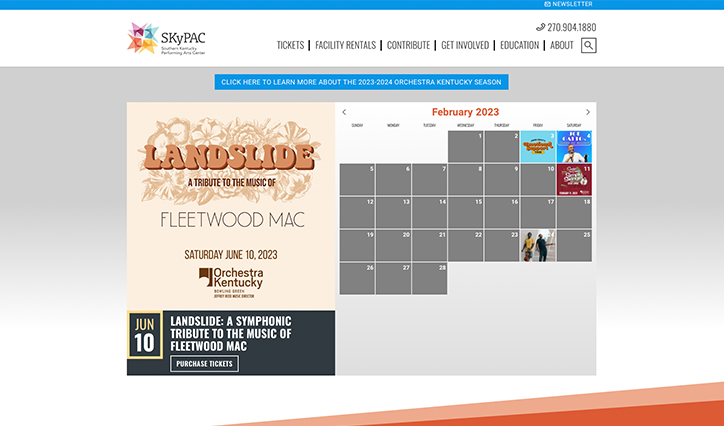 SKyPAC Website Homepage screen grab with a show graphic on the left and a calendar on the right