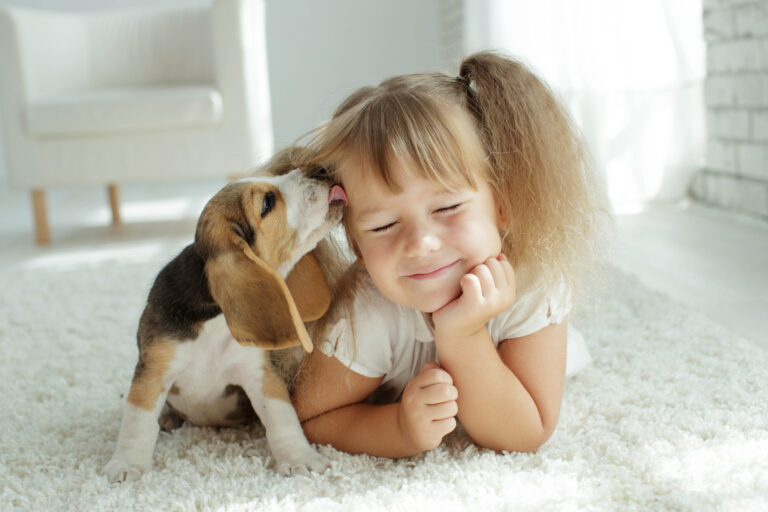 A beagle puppy kisses the face of a young female child who is smiling. This image is a good example of emotional appeal.