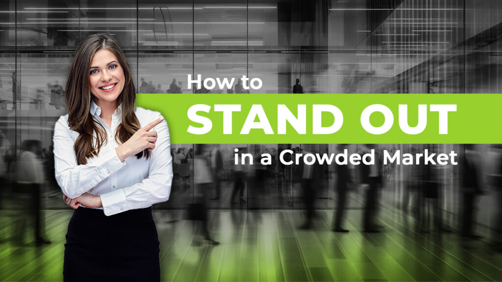 caucasian female in business attire pointing at text that says stand out promoting a content marketing blog post