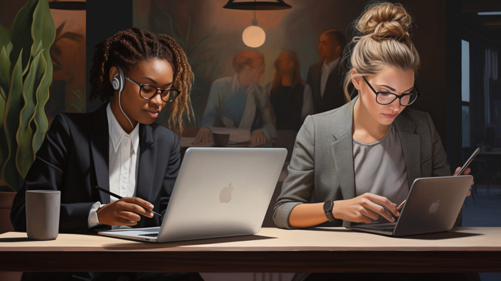 Two women working on a apple laptops in a modern office working on their Google My Business listings
