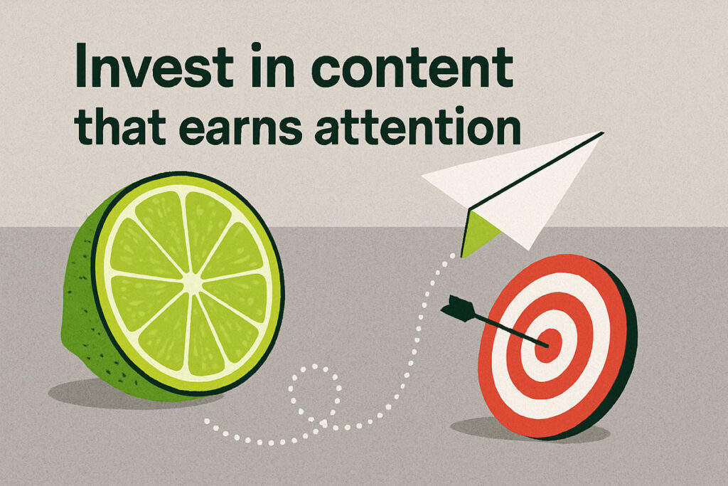 Flat-style digital illustration promoting content marketing strategy with lime, paper airplane, and bullseye target, featuring the phrase "Invest in content that earns attention.
