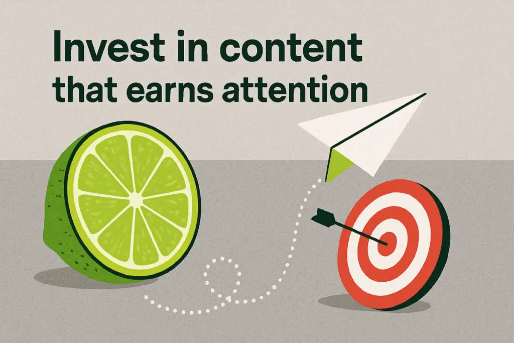 Flat-style digital illustration promoting content marketing strategy with lime, paper airplane, and bullseye target, featuring the phrase "Invest in content that earns attention.